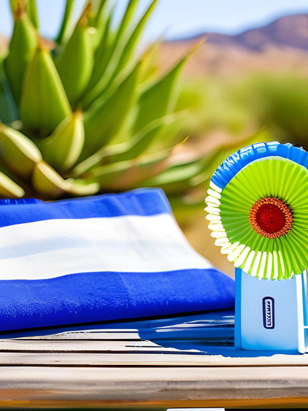 blue and green handheld fan on table in desert