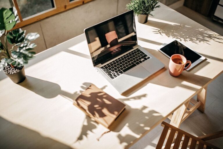 desk with laptop and plant